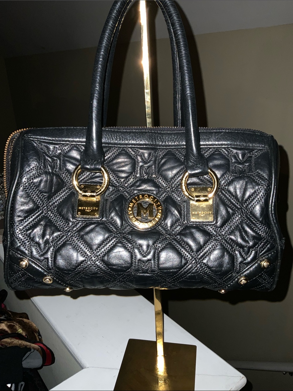 Metrocity Black Quilted Leather Satchel with Gold Accents